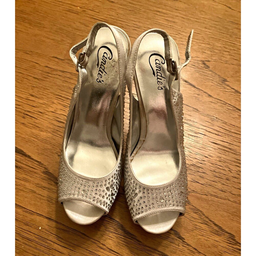 Candie's Silver Rhinestone Slingback Open Toe Buckle Ankle Strap Textile 9M